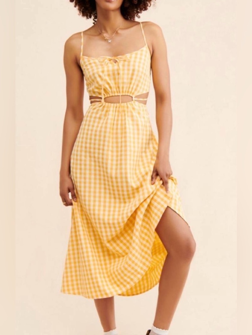 Find Me Now Sacha Midi Dress in a yellow gingham check pattern size S